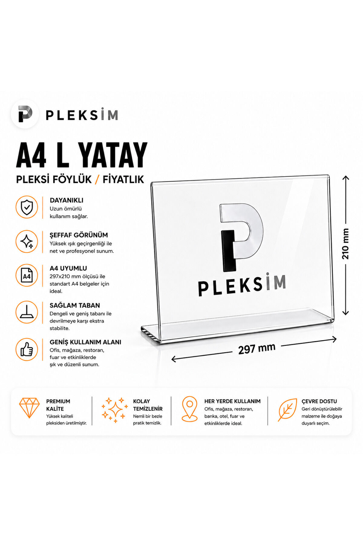 A4 L Tipi Yatay Masa Üstü Şeffaf Pleksi Föylük / Broşürlük - 20 Adet - 210Mm X 300Mm