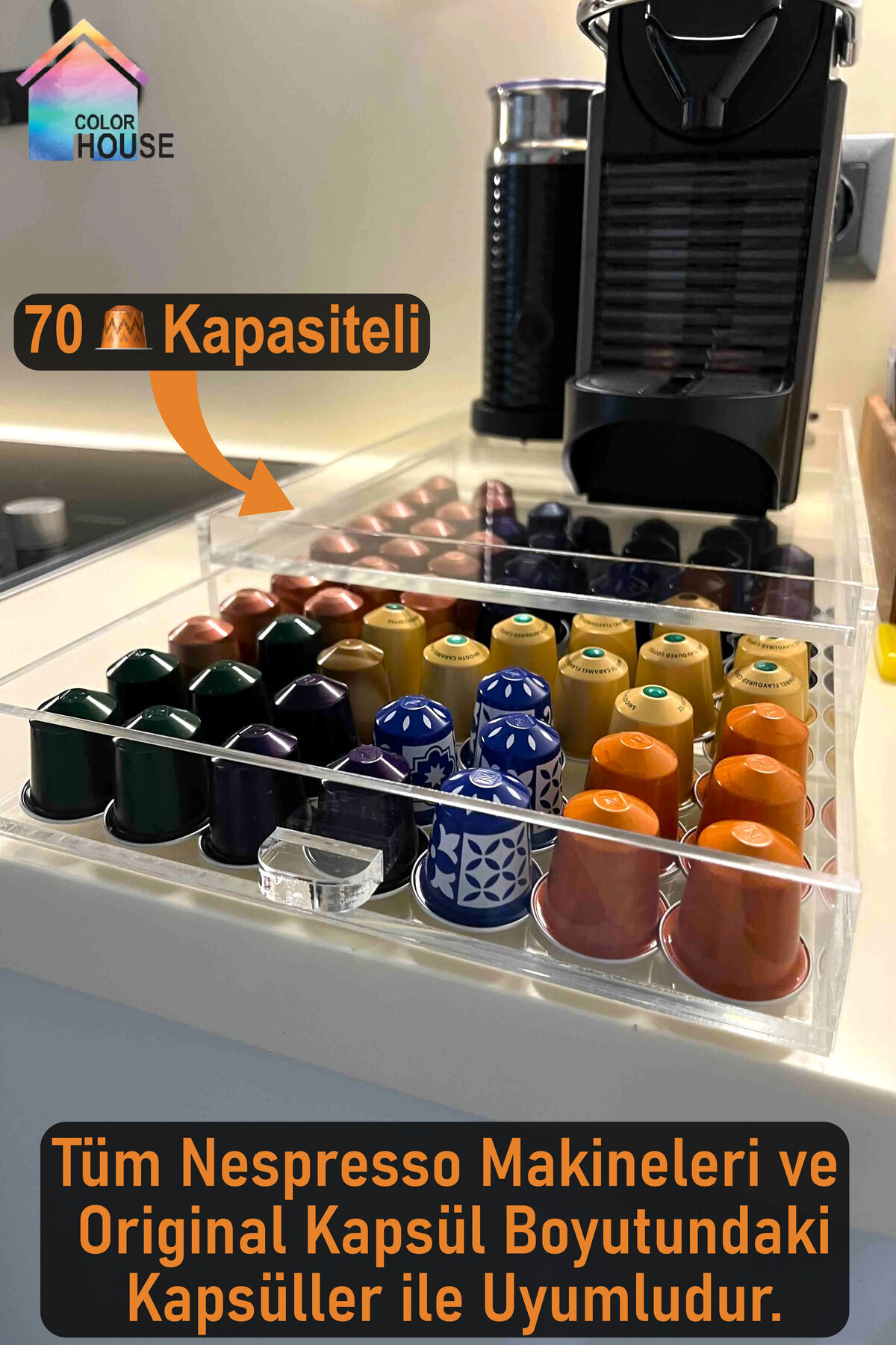 Pleksi Kahve Kapsül Standı Kahve Standı Nespresso Ebatında 70 Kapsül Kapasiteli (Şeffaf(