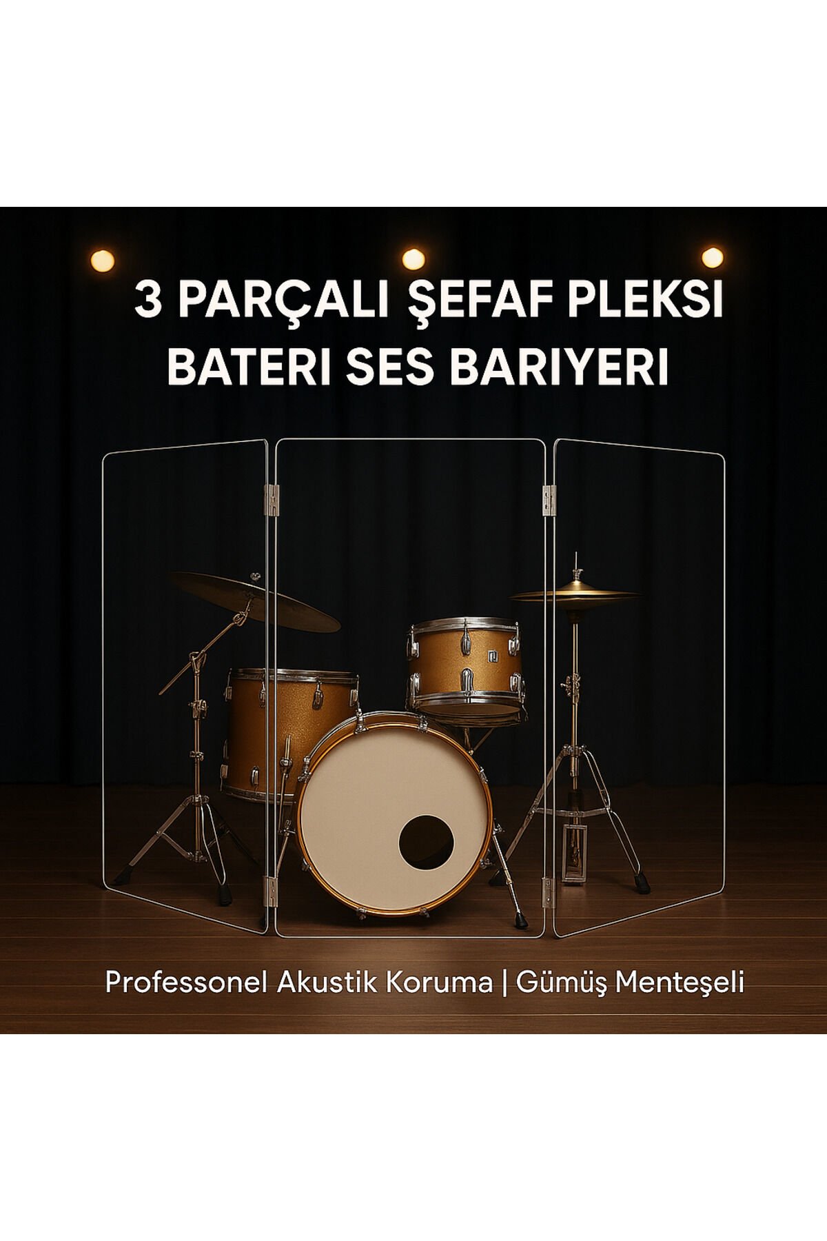 3 Parçalı Şeffaf Pleksi Bateri Ses Bariyeri Gümüş Menteşeli Akustik Drum Shield Sahne Ses İzolatörü