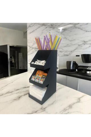 3 Katlı 5 Bölmeli Pipet, Peçetelik, Şekerlik Siyah Pleksi Organizer Stand Cafe Organizer