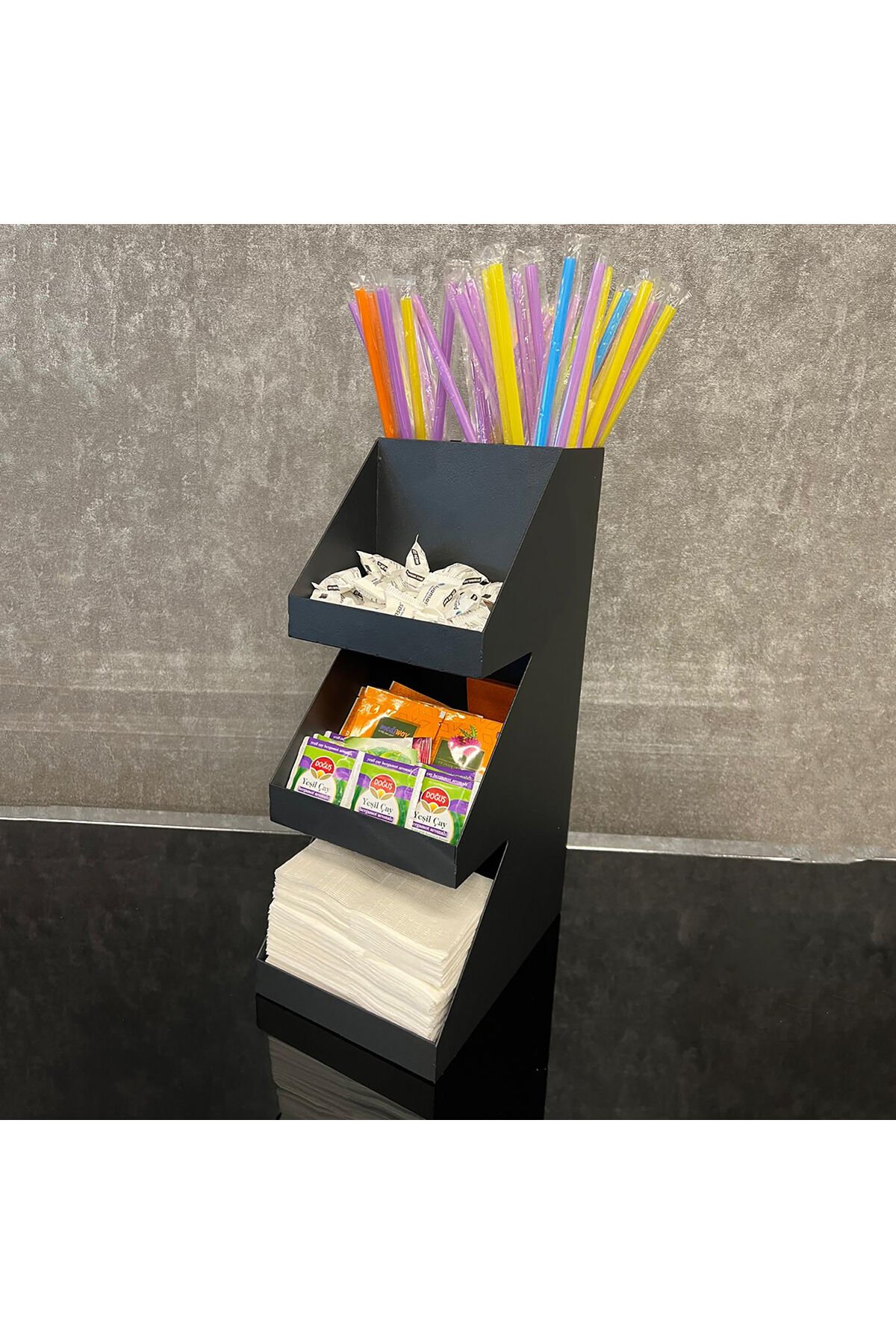 3 Katlı 5 Bölmeli Pipet, Peçetelik, Şekerlik Siyah Organizer Stand Cafe Organizer